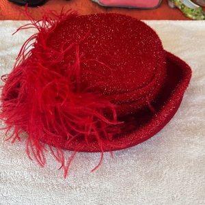 Red Wood Hat with Feather
